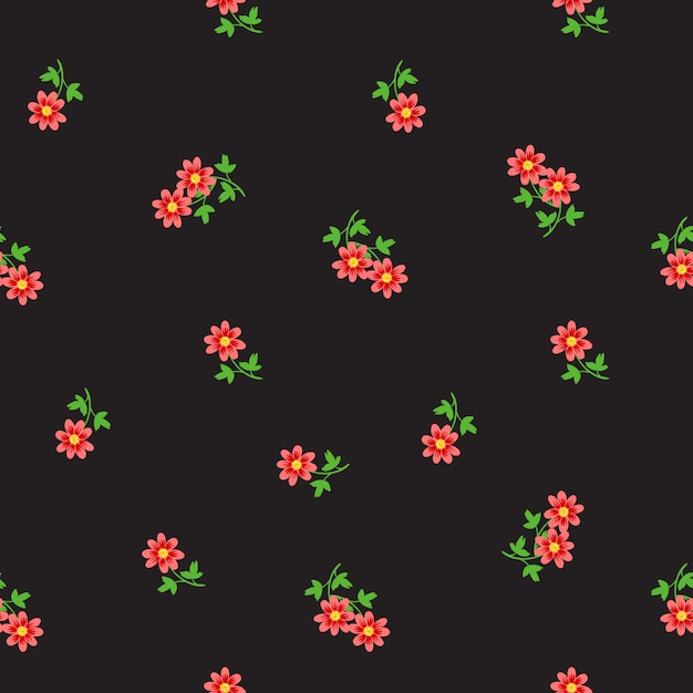 Ditsy seamless pattern with small tiny red flowers scattered on dark