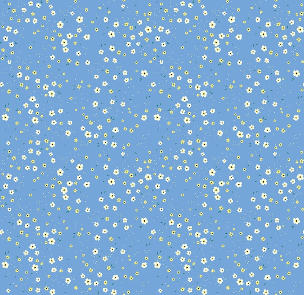 Ditsy vector floral pattern seamless print small white flowers ligh blue background