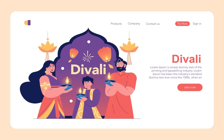 Vector divali concept a family celebrates the festival of lights holding diyas amid festive decorations