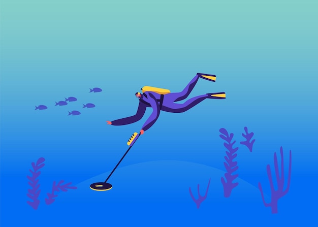 Персонаж-дайвер в костюме для подводного плавания исследует дно океана с помощью металлоискателя