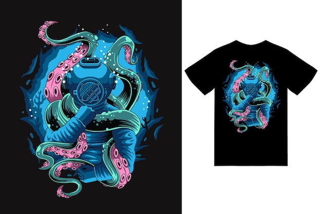 Diver fighting octopus illustration with tshirt design premium vector