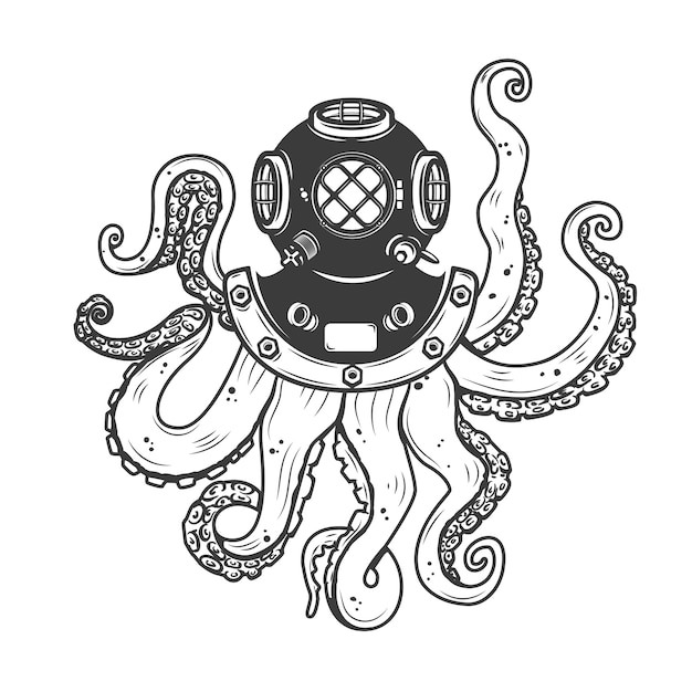 Vector diver helmet with octopus tentacles  on white background.  elements for poster, t-shirt.  illustration.