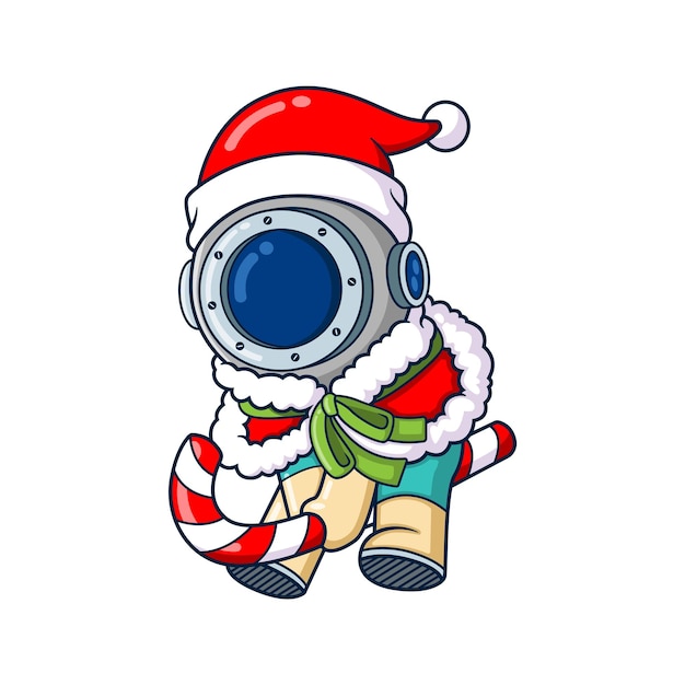 The diver is flying with magic candy cane in christmas time on winter season