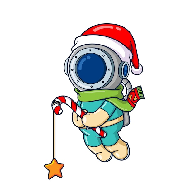 The diver is holding a candy cane and twine the star on it