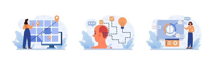 Vector divergent thinking set digital world exploration woman navigates virtual space mind pathways idea