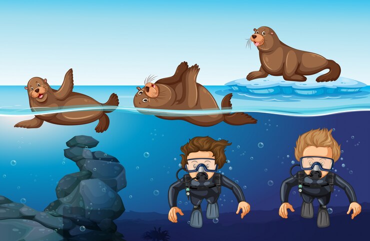 Вектор водолазы и пломбы в море