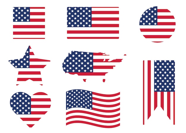 Vector diverse amerikaanse vlaggen set geïsoleerd op witte achtergrond vlaggen en verschillende vormen etiketten vector