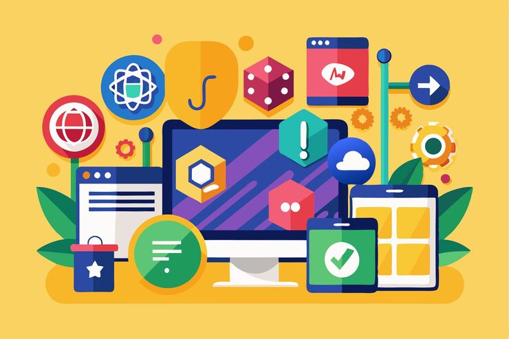 Vector 可以在明亮的背景上突出显示可定制的平面javascript框架图标的多样化阵列