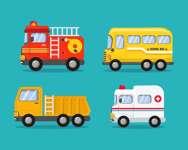 Diverse auto's collectie brandweerman auto schoolbus dump truck en ambulance illustraties
