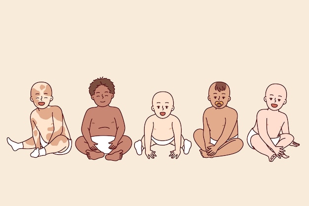 Diverse babies in diapers of different races and nationalities sit side by side Vector image