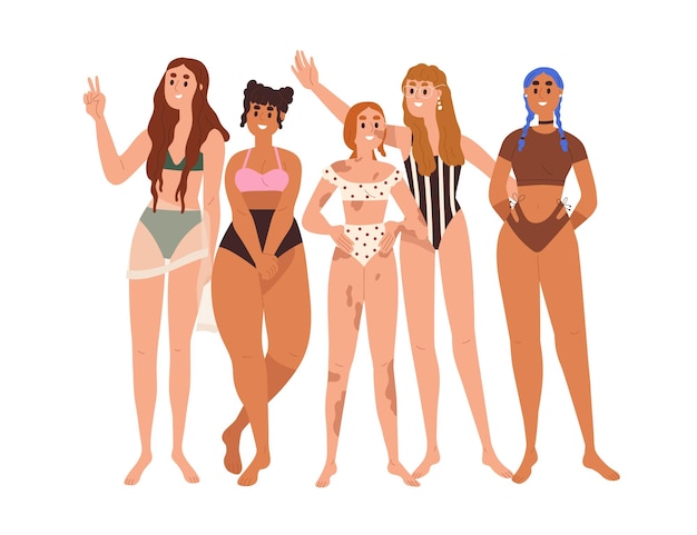 Vector diverse body-positive women group. different happy girls in swimwear, bikini. female friends portrait. diversity, inclusion, acceptance concept. flat vector illustration isolated on white background.