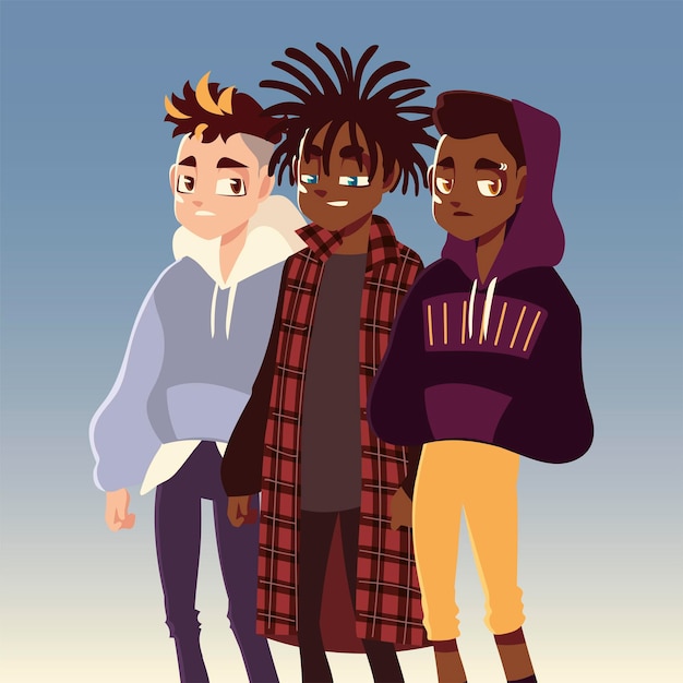 Diverse boys character youth culture fashionable clothes  illustration