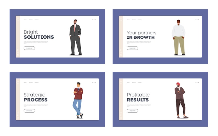 Vector diverse business men landing page template set confident male characters caucasian african indian or pakistan asian
