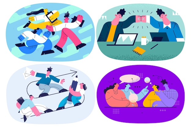 Diverse businesspeople cooperate at office meeting discuss company strategies or project. employees colleagues involved in teambuilding briefing. teamwork concept. flat vector illustration. set.