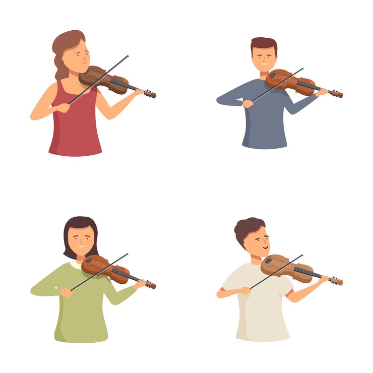 Vector diverse cartoon characters playing violins