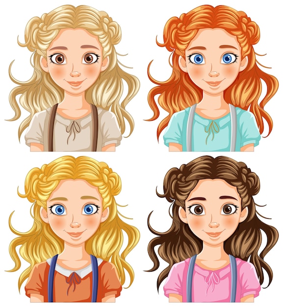 Diverse Cartoon Girls Portraits Collection