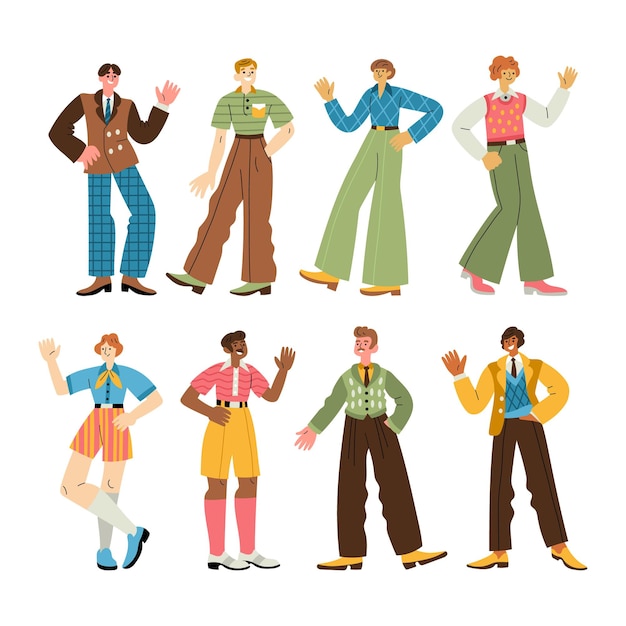 Diverse cheerful men in retro 1960s or 1970s clothes walking standing waving hands