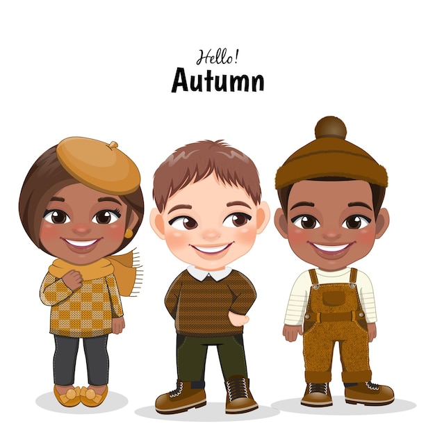 Diverse children in autumn season outfits Autumn girl and boy cartoon characters Vector illustration