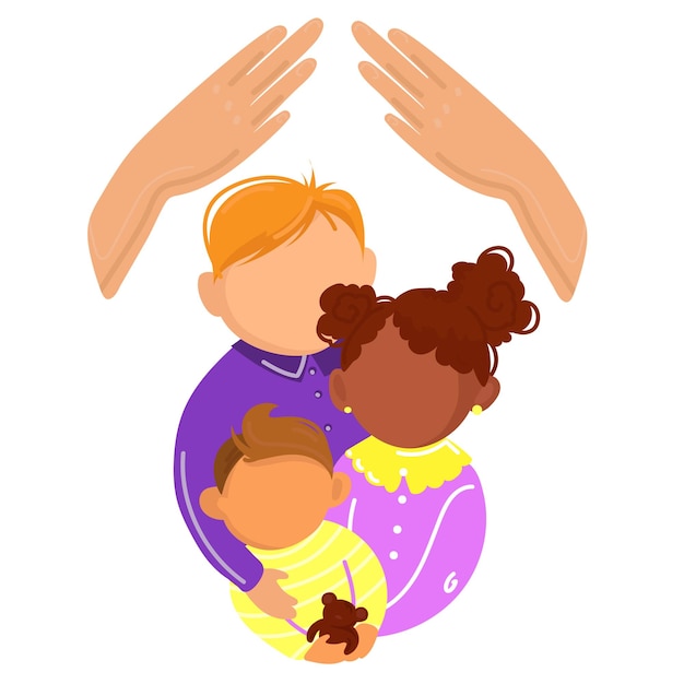 Vector diverse children of different nationality hug each other together vectorchildren's day concept