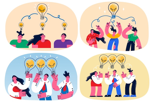 Diversi colleghi impegnati nel pensiero creativo collaborano insieme alle riunioni sul posto di lavoro. le persone d'affari fanno brainstorming sul lavoro su un'idea o un piano aziendale. lavoro di squadra, innovazione. illustrazione vettoriale piatto.