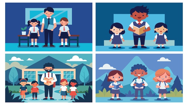 Vector diverse collection of school scenes with children and teachers