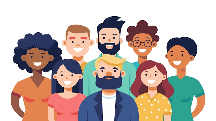 Vector diverse creative team looking happy flat vector illustration on white background