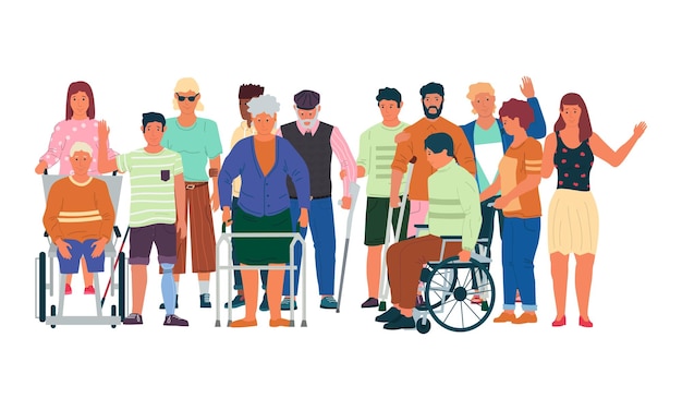 Vector diverse disabled people handicapped men and women with physical injuries limited mobility treatment and rehabilitation support human disabilities vector health care illustration