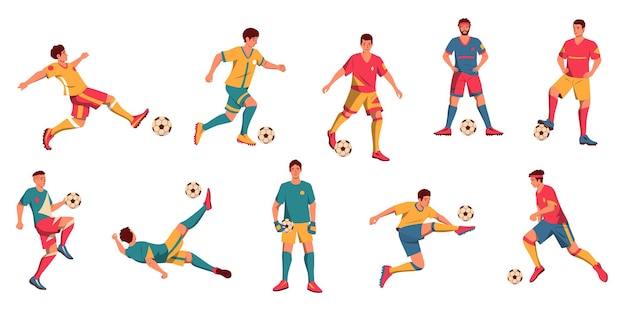 Diverse football players Cartoon diverse male characters playing football male athletes in colorful sportswear Vector collection Person in uniform kicking ball young men in competition