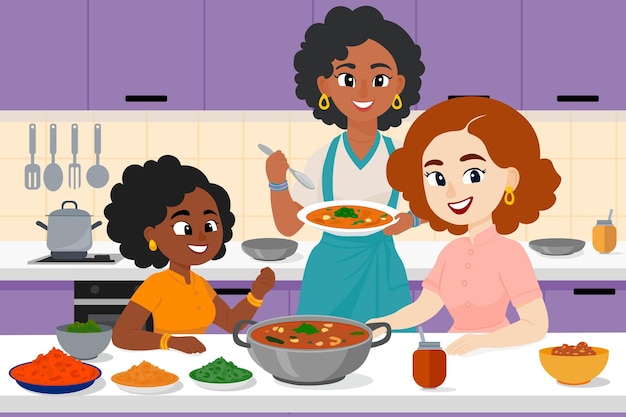 diverse group cooking together family kitchen scene