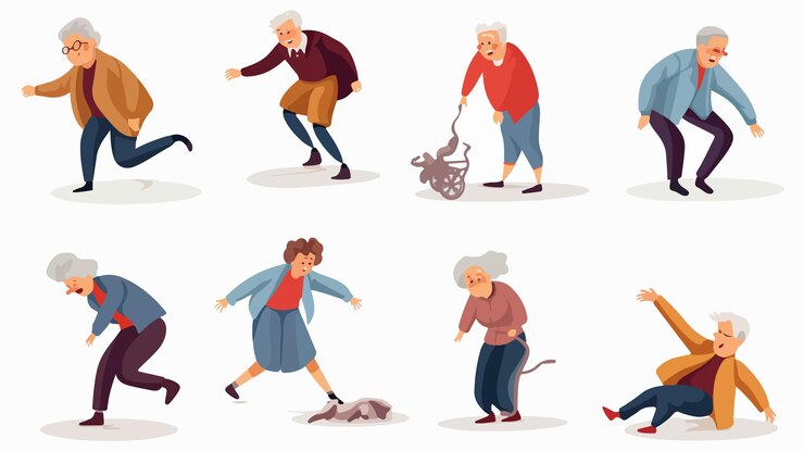 Vector diverse group of elderly people falling together conceptual image of senior men and women in group