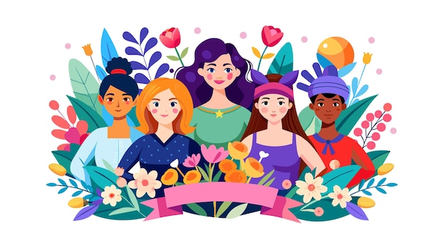 Un gruppo diversificato di donne felici circondate da fiori.