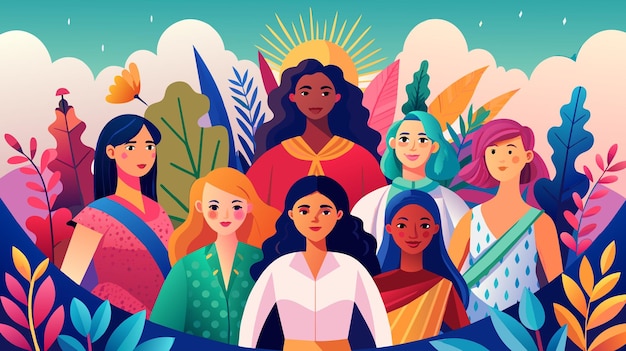 鮮やかな風景の中のイラストを描いた女性の多様なグループ