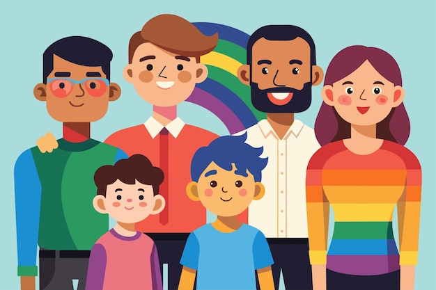 Vector diverse group of individuals standing side by side in a row showcasing unity and togetherness lgbt family customizable disproportionate illustration