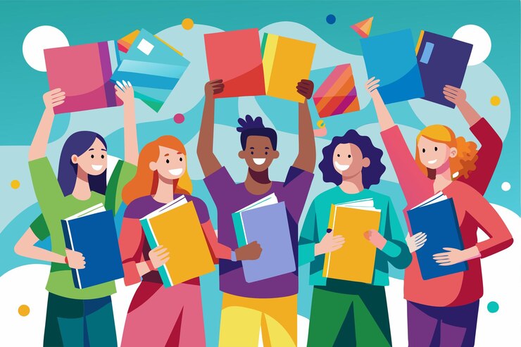 Vector a diverse group of people enthusiastically raises colorful paper manuals in a collaborative effort people holding colorful paper manuals in their palms