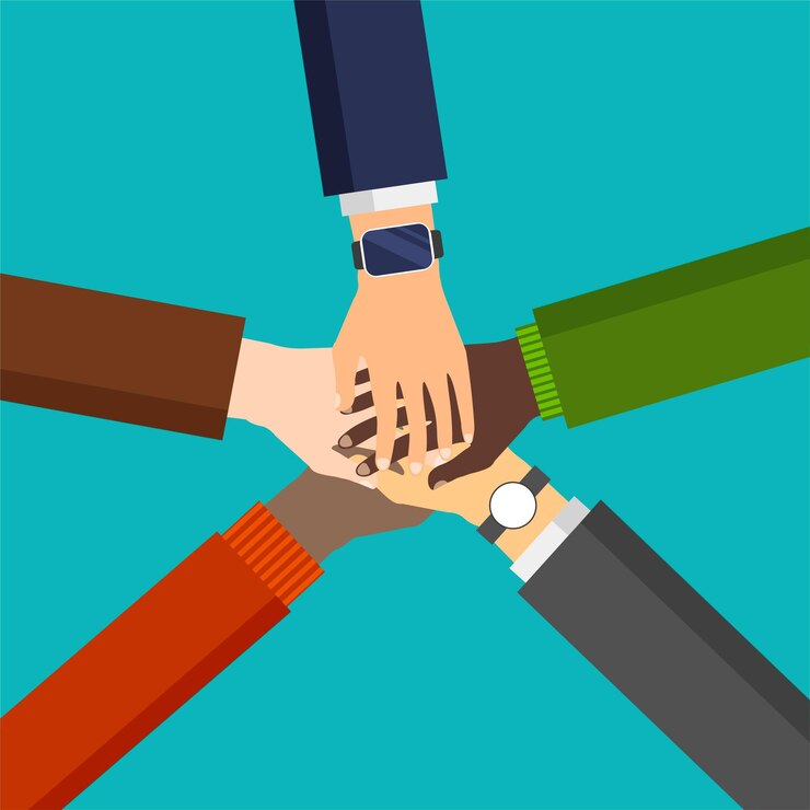 Vector diverse group of people hands putting together teamwork cooperation and togetherness