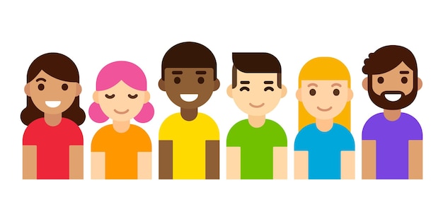 Diverse group of people in LGBT flag colors in cute flat cartoon style