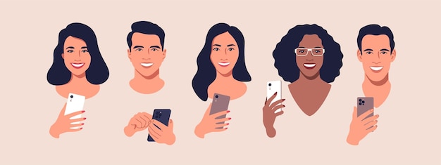 Diverse group of people with smartphones illustration