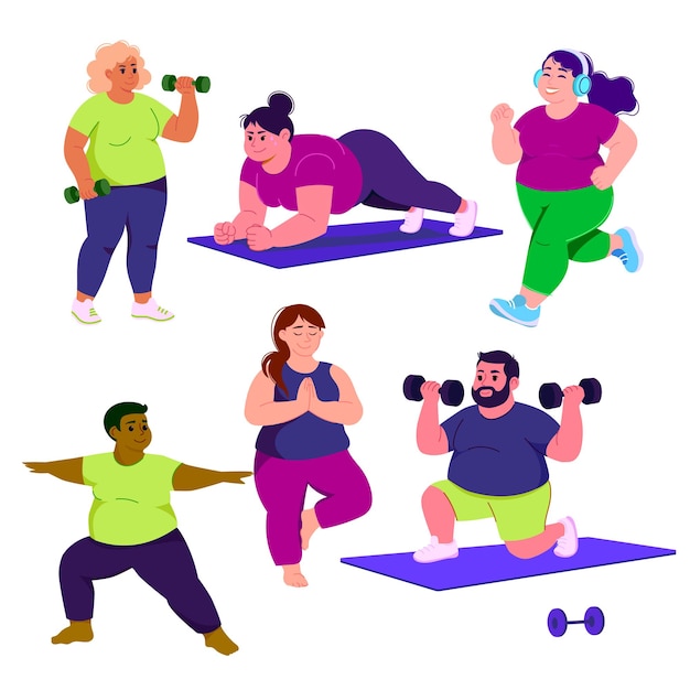 Diverse group of plus size men and women exercising with dumbbells and yoga mats Vector design