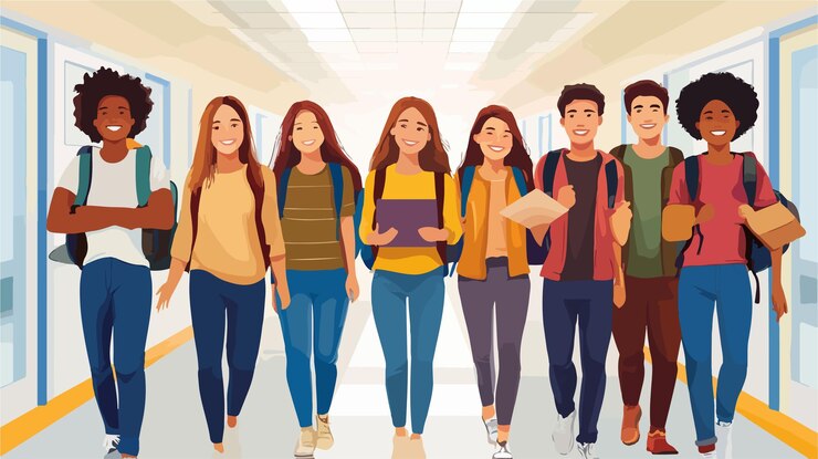 Vector diverse group smiling students corridor