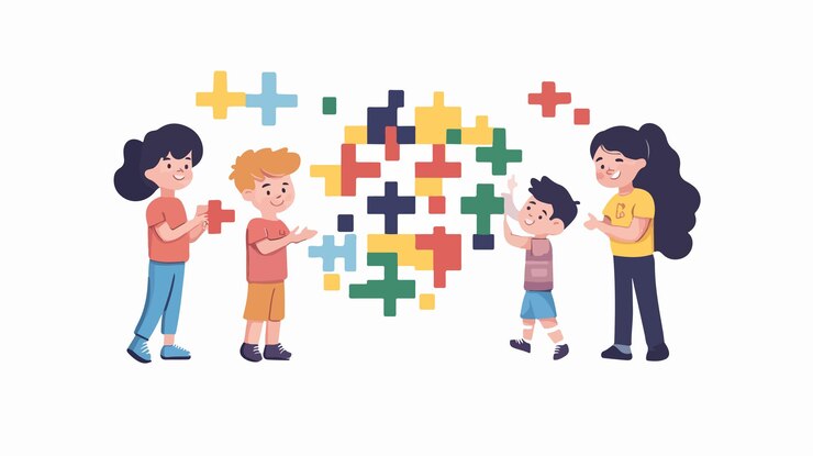 Vector diverse group solving crossword puzzle for education and fun