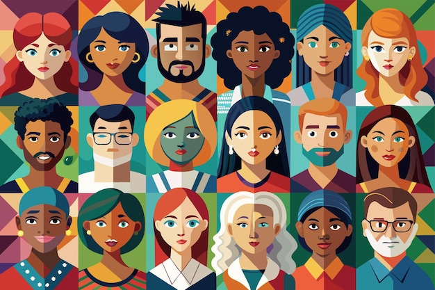 diverse group of stylized people with a variety of hairstyles skin colors and clothing arranged in a grid representing multiple ethnicities and styles