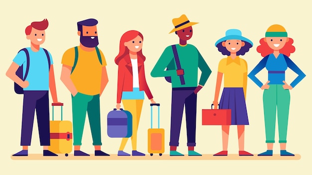 Vettore gruppo diversificato di viaggiatori con i bagagli pronti per un viaggio
