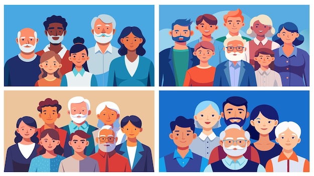 Diverse Groups of People in Four Panels Illustration