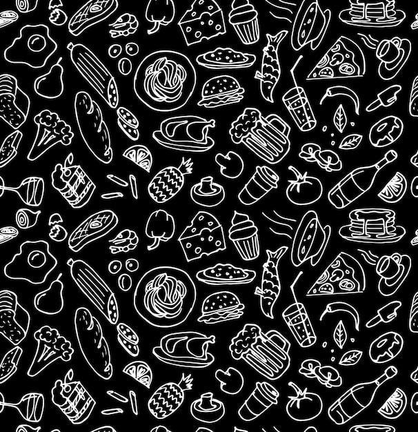 Diverse hand getrokken voedsel kookgerechten doodle overzicht wit krijt schets naadloze patroon op zwart