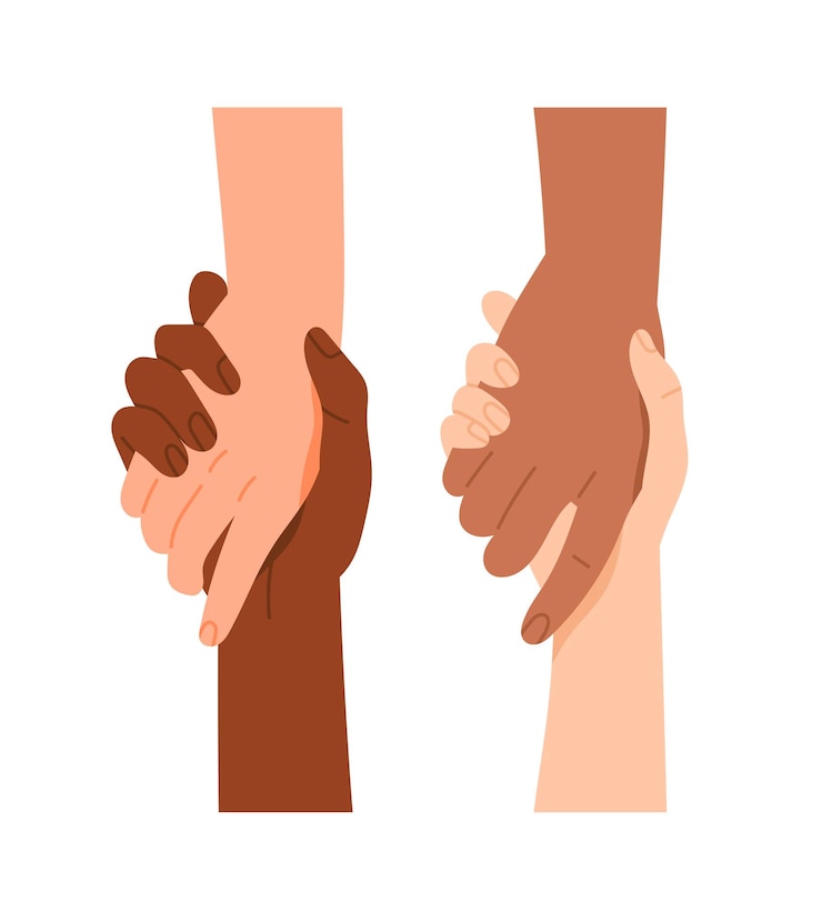 Vector 다양한 손의 몸짓, 서로를 붙잡고 있는 다인종 사람들의 손바닥은 도움과 지원의 상징입니다.