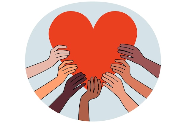 Diverse hands hold huge heart share love