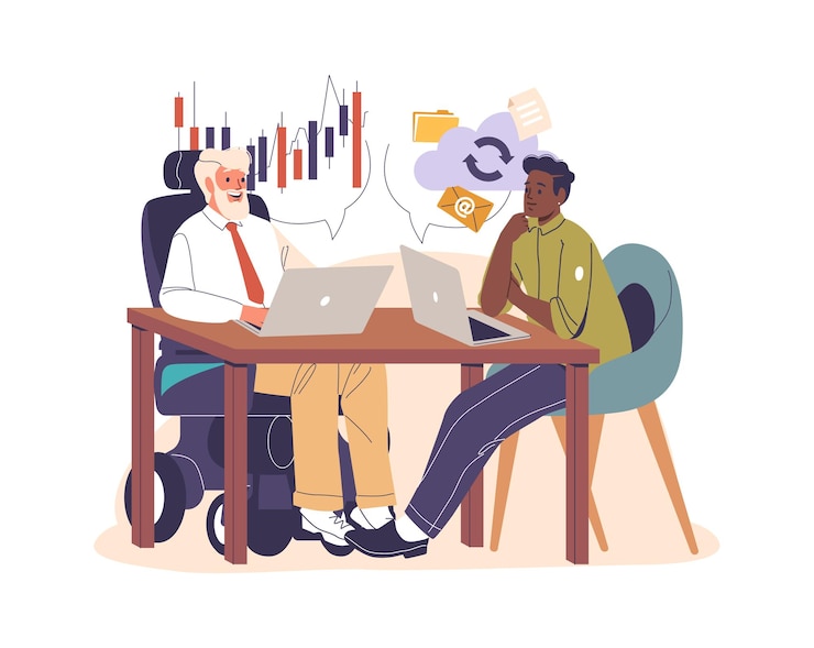 Vector diverse healthy and inclusive coworkers working on online project together at workplace scene