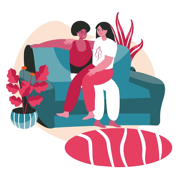 Diverse homosexual multiracial lesbian couples scene concept. Women hugging while sitting on sofa. Family, romantic relationship, people activities. Vector illustration of characters in flat design