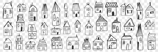 Diverse huizen en gebouwen doodle set