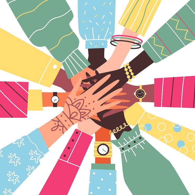 Vector diverse human hands joining together flat vector illustration isolated